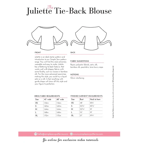 Digital Download | Simple Sew Juliette Tie-Back Blouse Top Sewing Pattern - Image 3